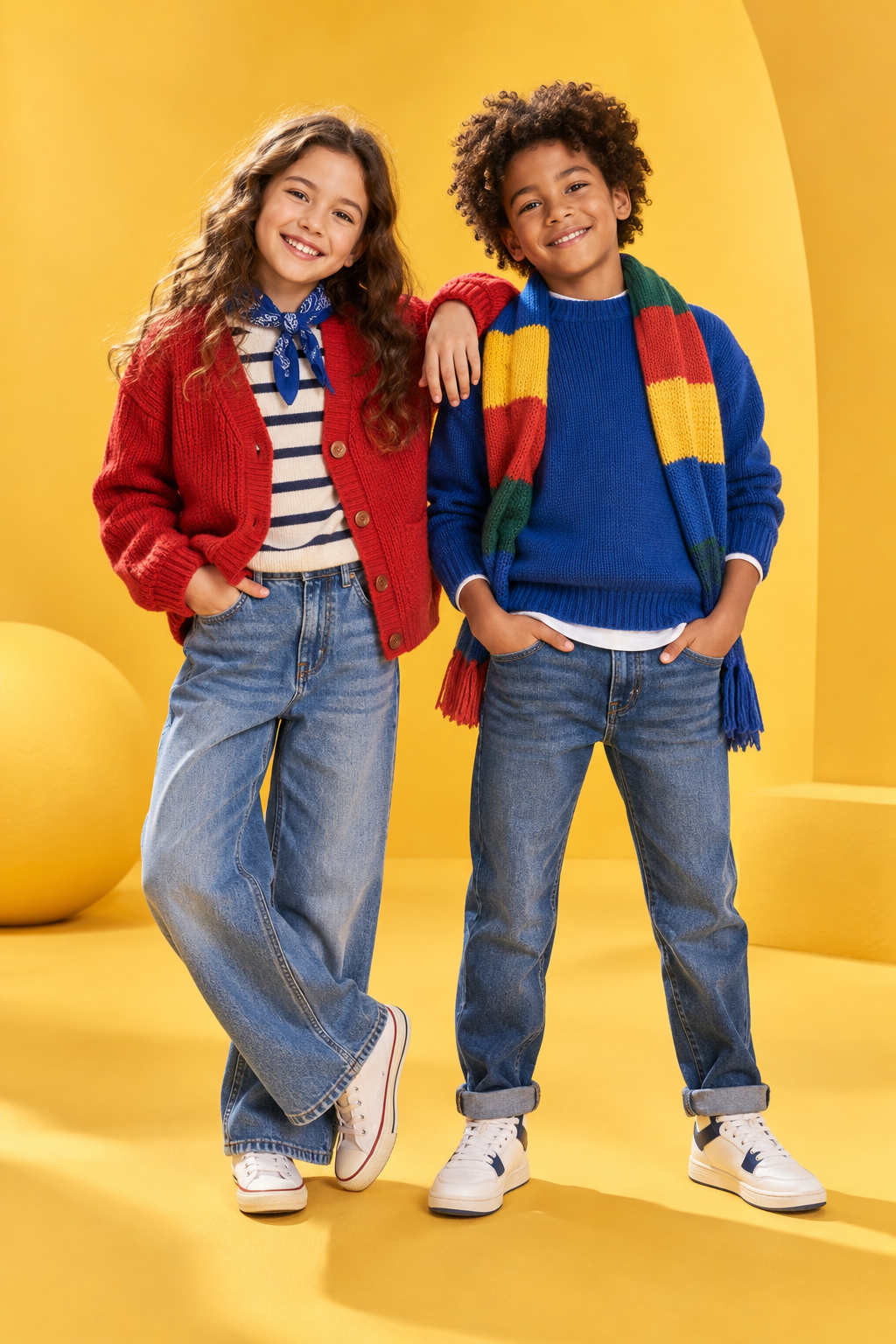 Children modelling colourful pre-loved knitwear and denim